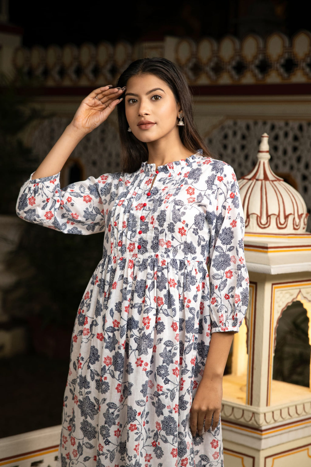 White Grey Hand Block Printed Cotton Dress Bada Boota
