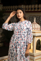 White Grey Hand Block Printed Cotton Dress Bada Boota
