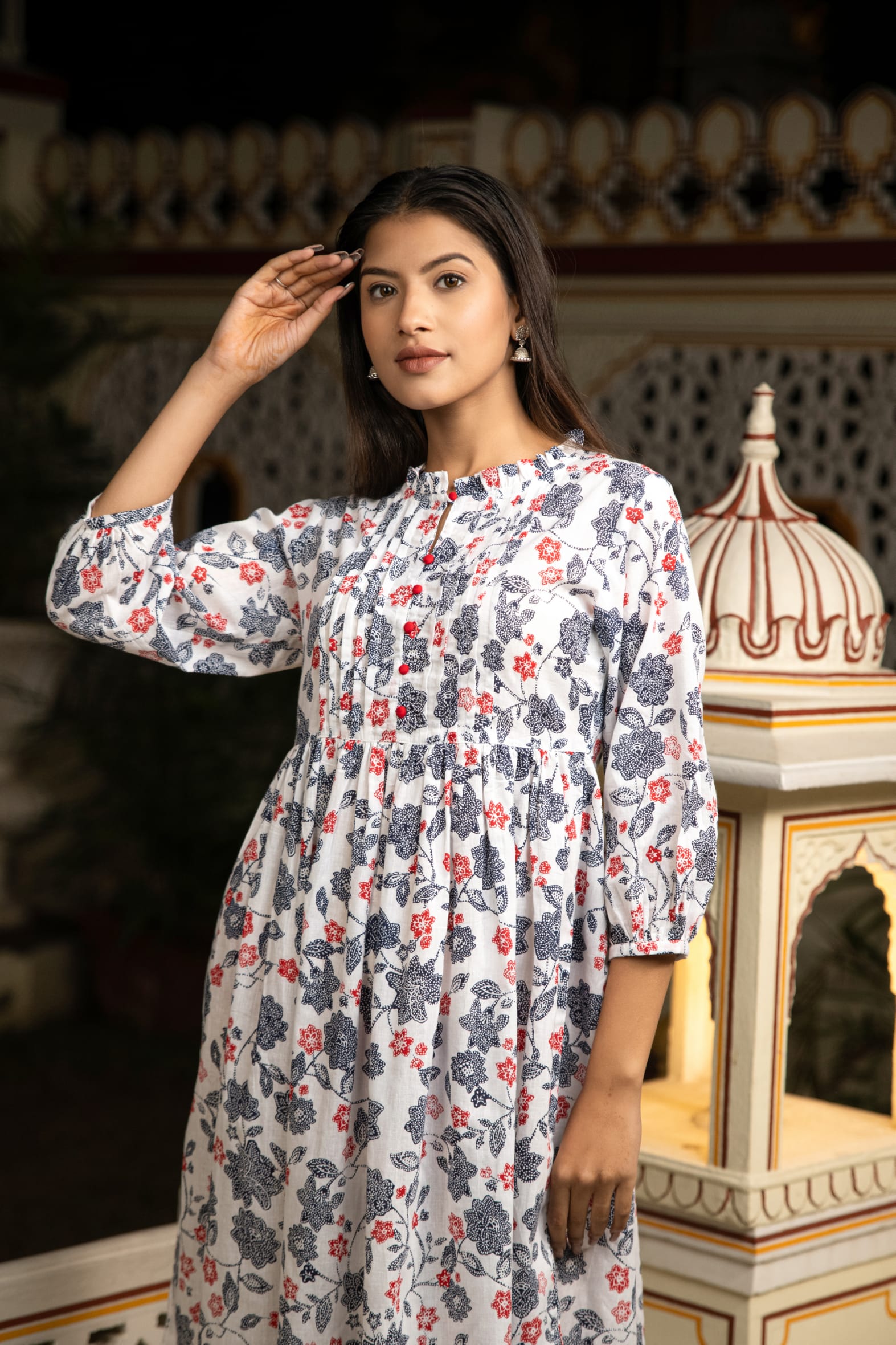 White Grey Hand Block Printed Cotton Dress Bada Boota