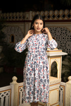 White Grey Hand Block Printed Cotton Dress Bada Boota