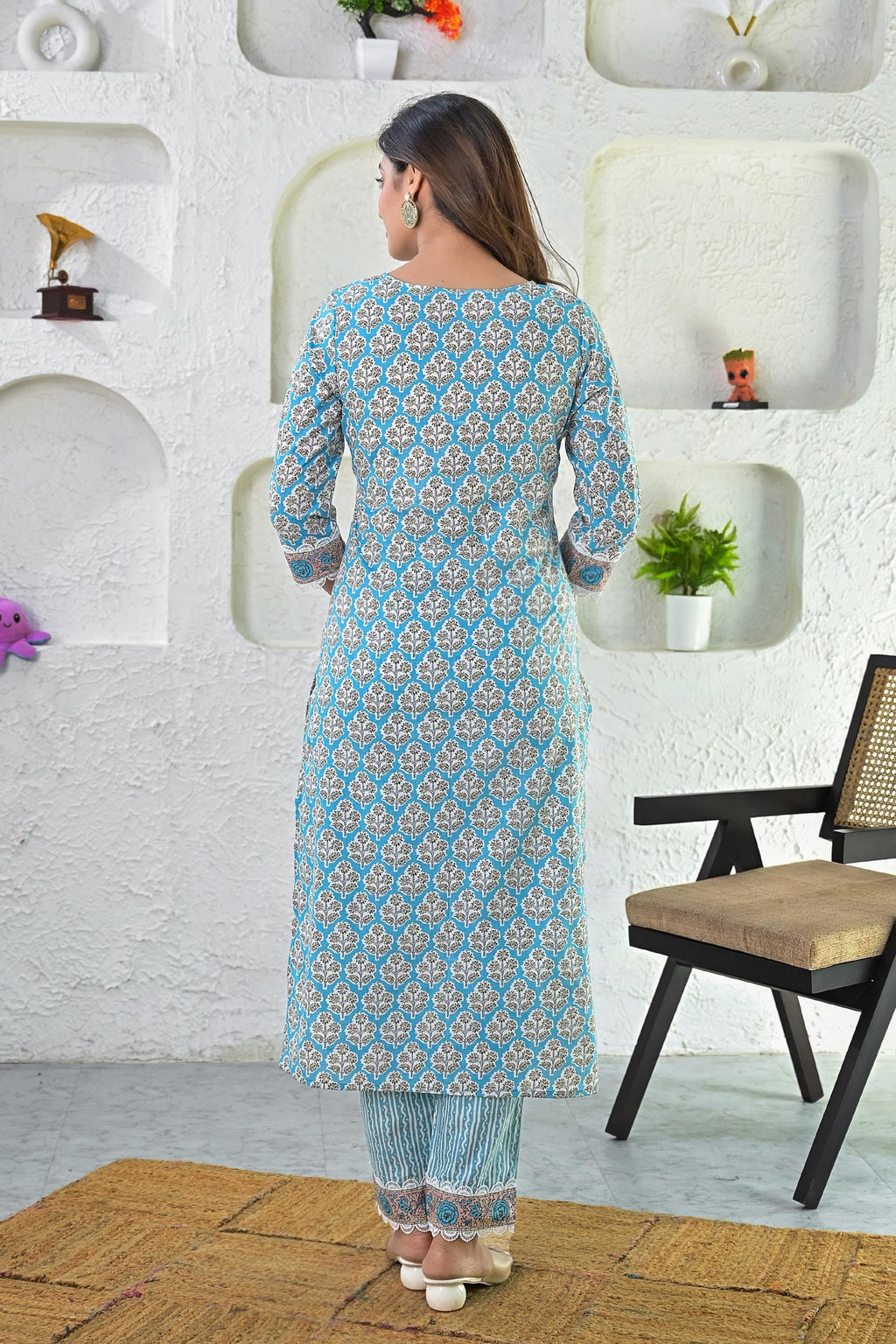 White Blue Printed Cotton Kurta with Pants - Set of 2 Bada Boota