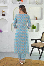White Blue Printed Cotton Kurta with Pants - Set of 2 Bada Boota
