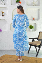 White Blue Printed Cotton Kurta with Pants - Set of 2 Bada Boota