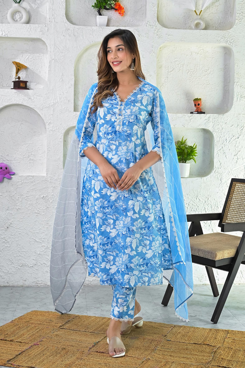 Blue White Printed Hand Block Printed Suit - Set of 3 Bada Boota