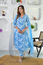 Blue White Printed Hand Block Printed Suit - Set of 3 Bada Boota