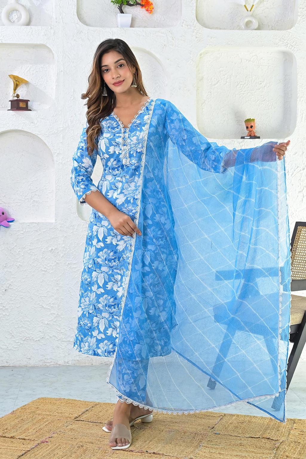 Blue White Printed Hand Block Printed Suit - Set of 3 Bada Boota