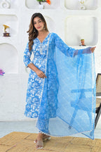 Blue White Printed Hand Block Printed Suit - Set of 3 Bada Boota