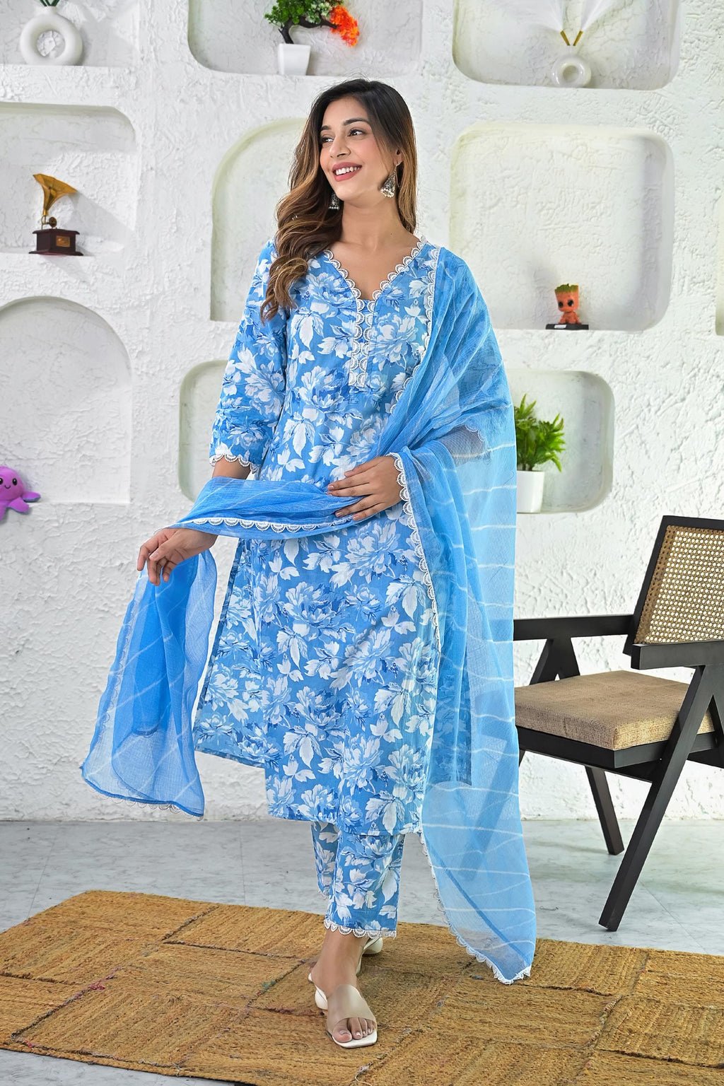 Blue White Printed Hand Block Printed Suit - Set of 3 Bada Boota