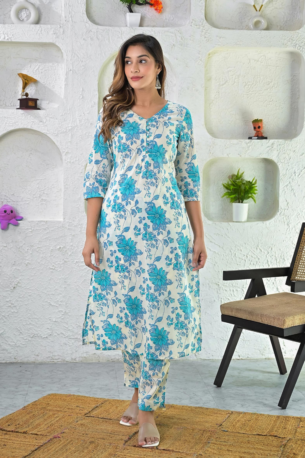 Off White Printed Cotton Kurta with Pants - Set of 2 Bada Boota
