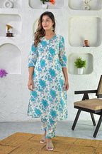 Off White Printed Cotton Kurta with Pants - Set of 2 Bada Boota