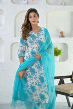 Off White Turquoise Printed Cotton Suit - Set of 3 Bada Boota