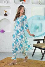 Off White Turquoise Printed Cotton Suit - Set of 3 Bada Boota