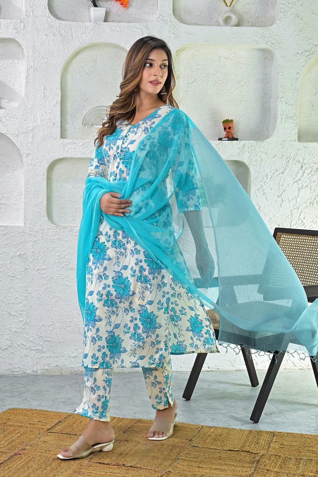 Off White Turquoise Printed Cotton Suit - Set of 3 Bada Boota