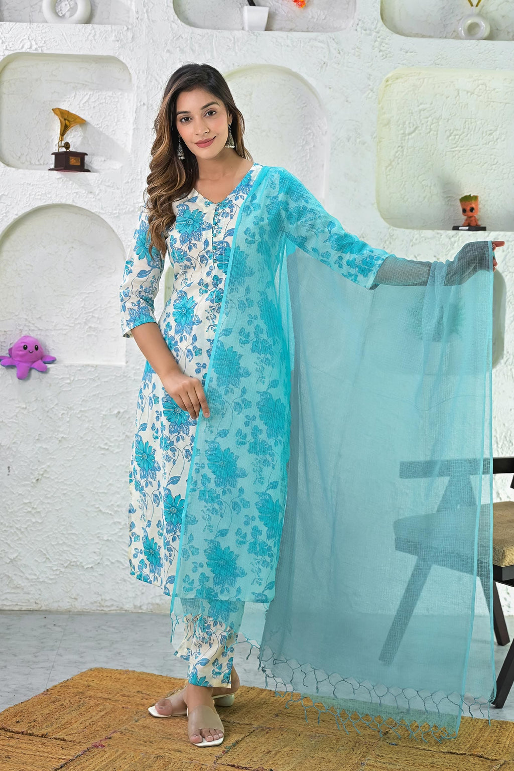 Off White Turquoise Printed Cotton Suit - Set of 3 Bada Boota