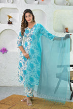 Off White Turquoise Printed Cotton Suit - Set of 3 Bada Boota