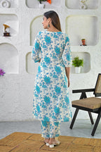 Off White Turquoise Printed Cotton Suit - Set of 3 Bada Boota