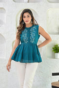 Sea Blue Plain Cotton Top With Embroidery On Yoke Bada Boota