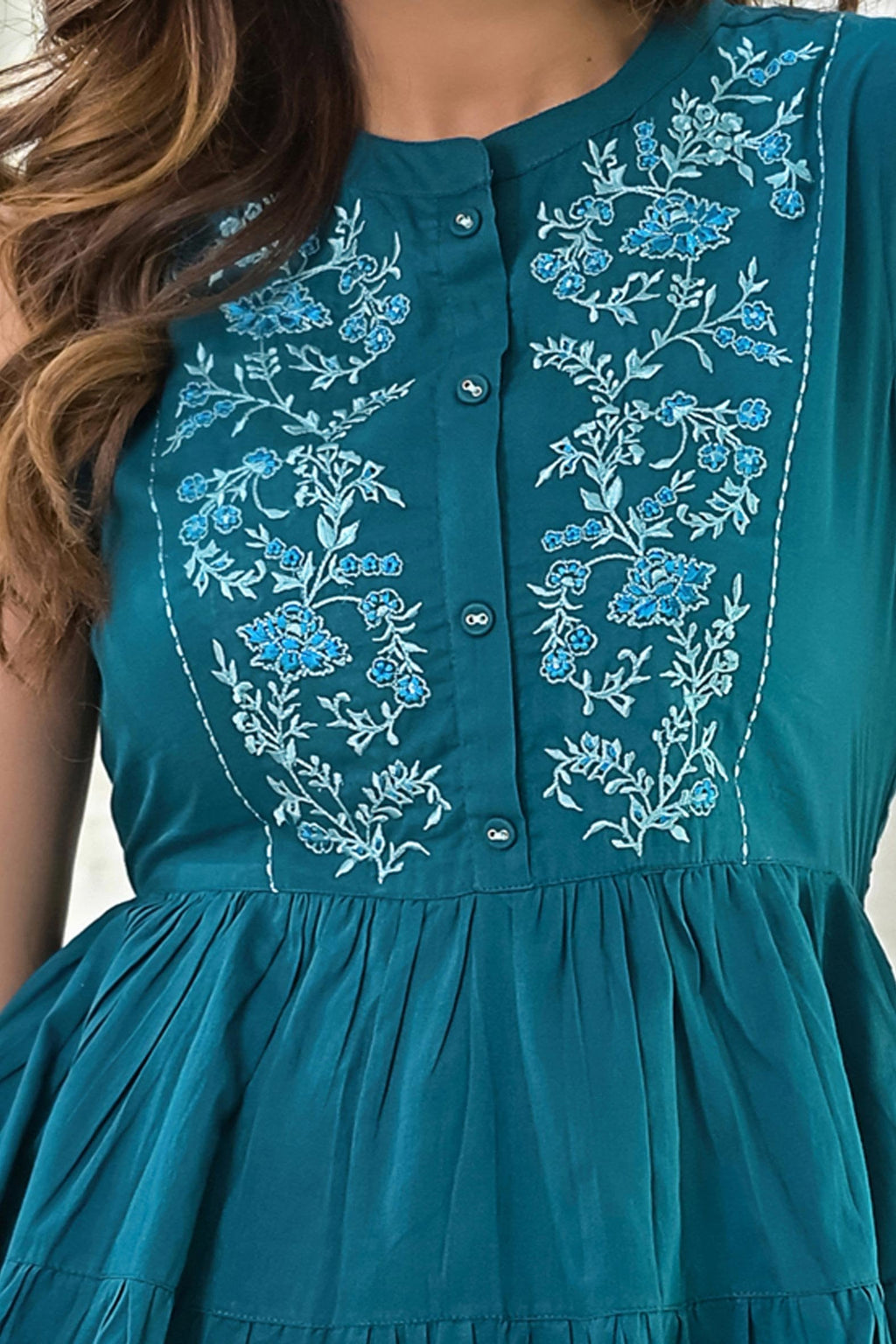 Sea Blue Plain Cotton Top With Embroidery On Yoke Bada Boota