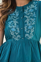 Sea Blue Plain Cotton Top With Embroidery On Yoke Bada Boota