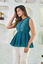 Sea Blue Plain Cotton Top With Embroidery On Yoke Bada Boota