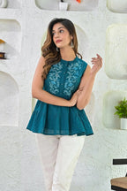 Sea Blue Plain Cotton Top With Embroidery On Yoke Bada Boota
