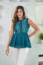 Sea Blue Plain Cotton Top With Embroidery On Yoke Bada Boota