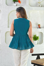 Sea Blue Plain Cotton Top With Embroidery On Yoke Bada Boota