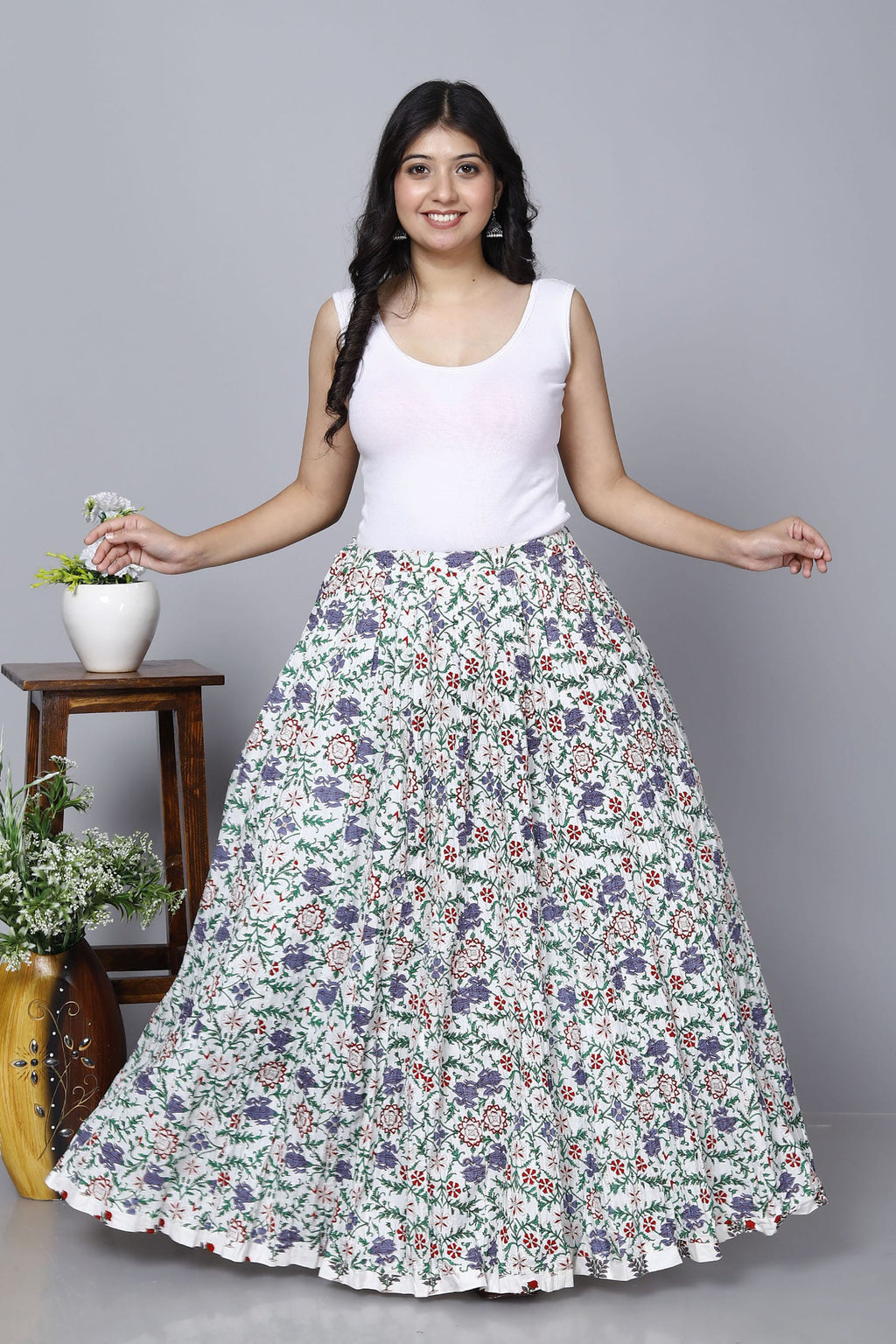 White Jaal Printed Long Cotton Skirt Bada Boota