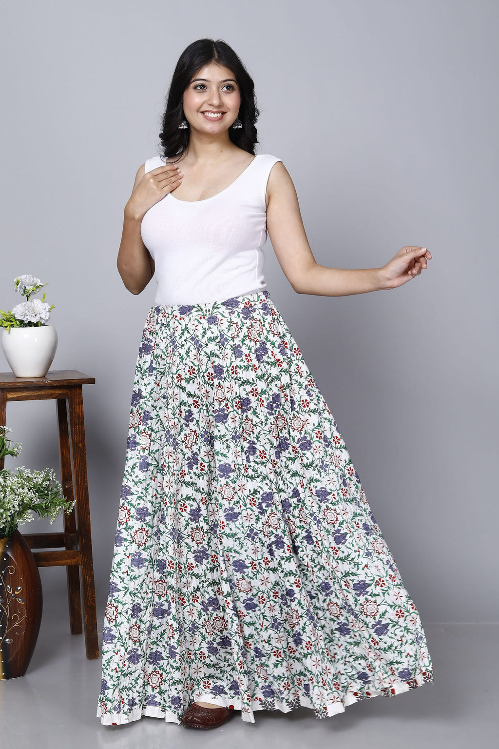 White Jaal Printed Long Cotton Skirt Bada Boota