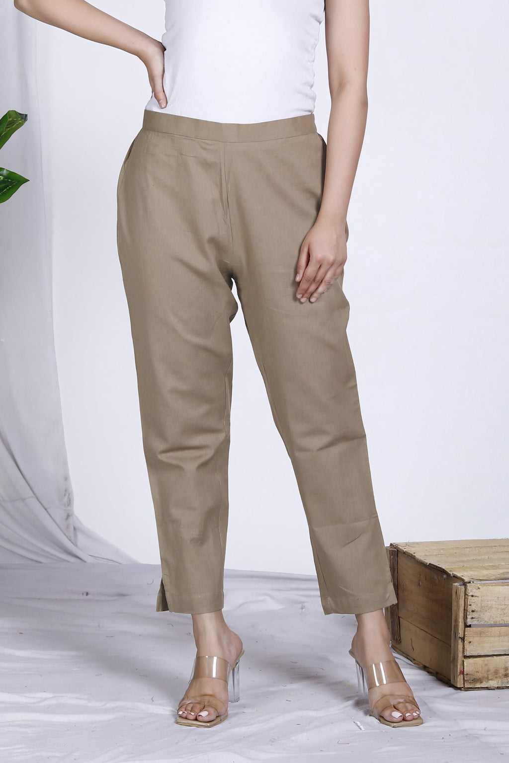 Beige Plain Cotton Pant Bada Boota