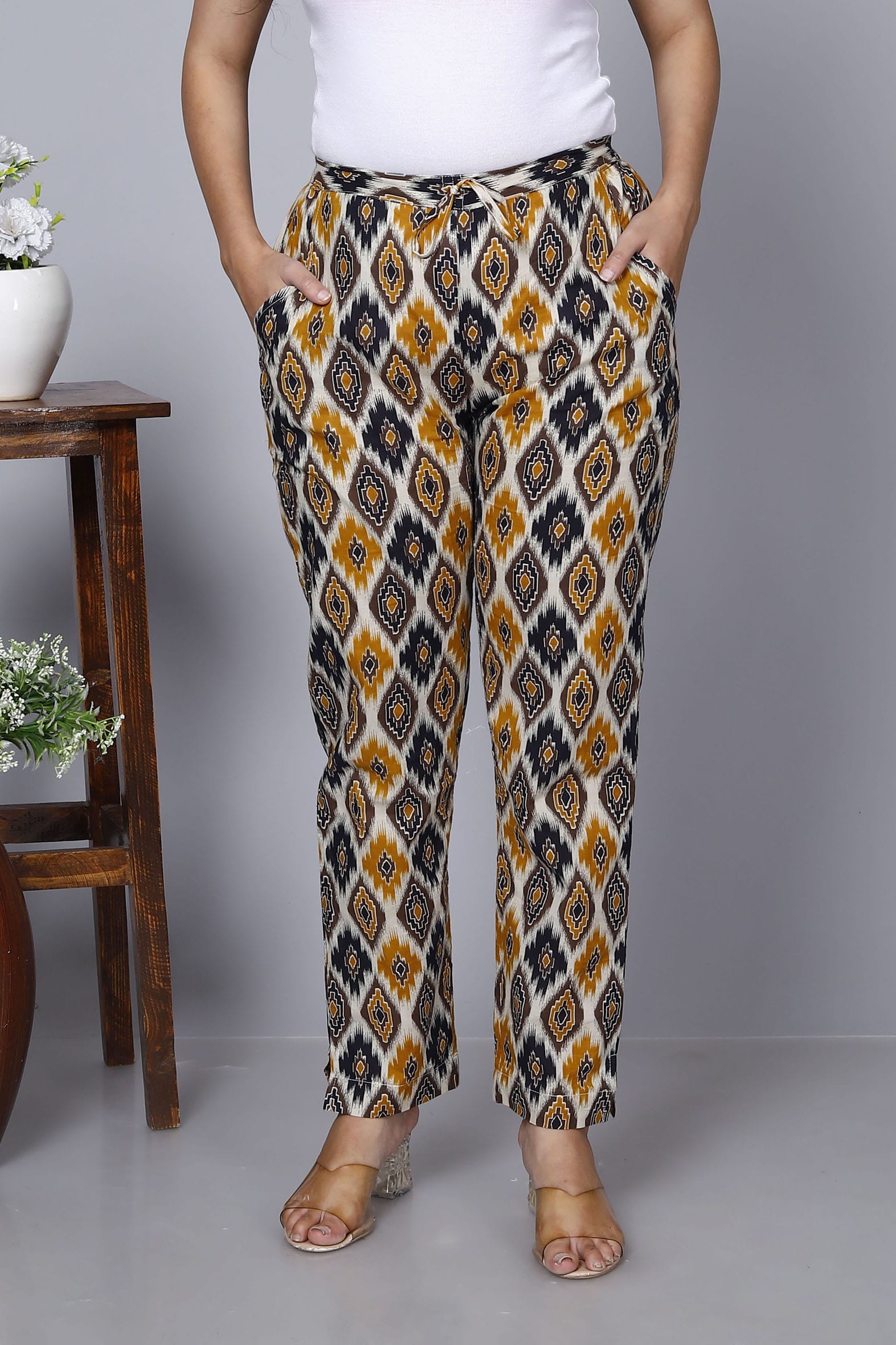 Beige Cotton Printed Ankle Length Pant Bada Boota