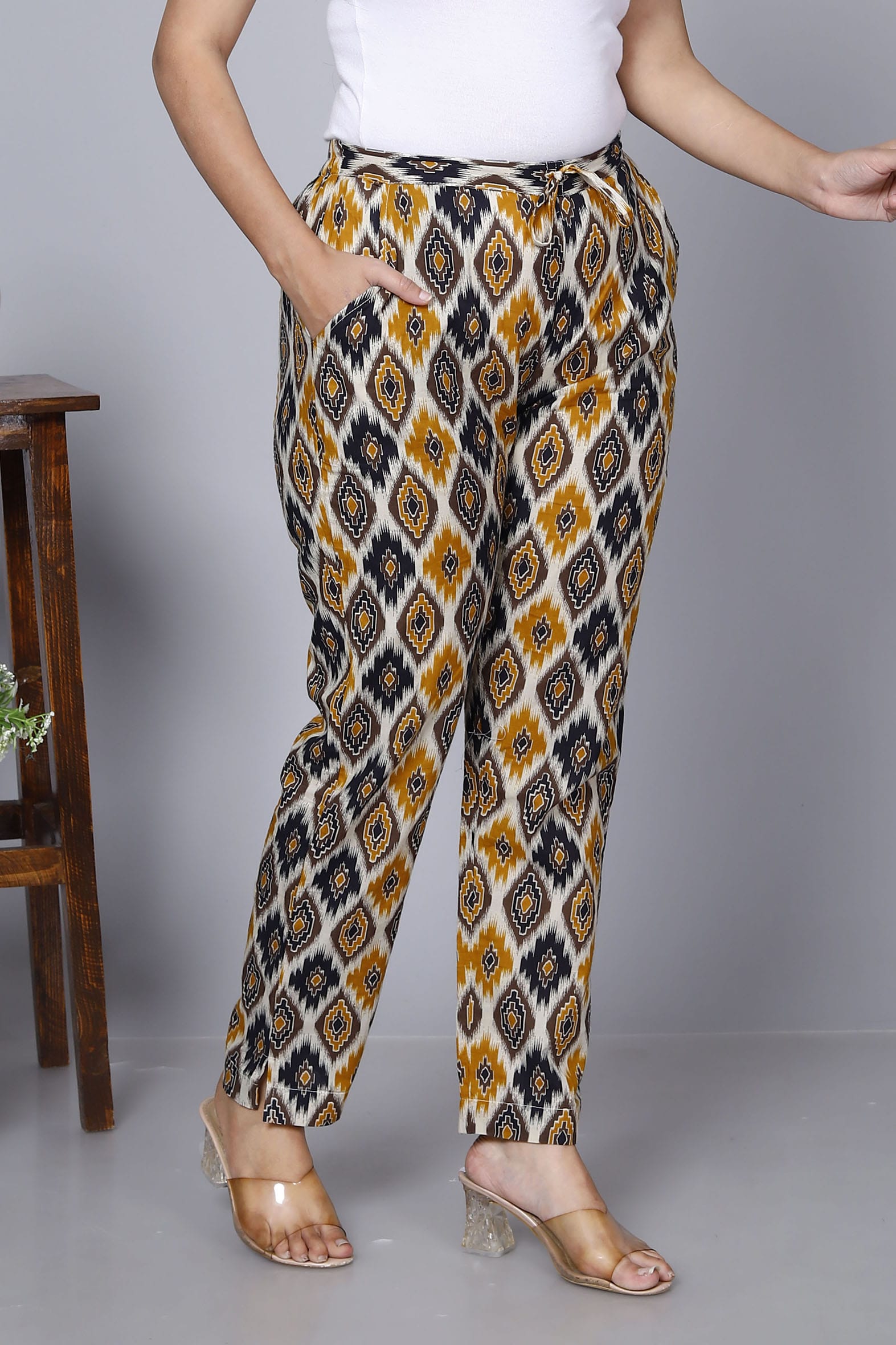 Beige Cotton Printed Ankle Length Pant Bada Boota