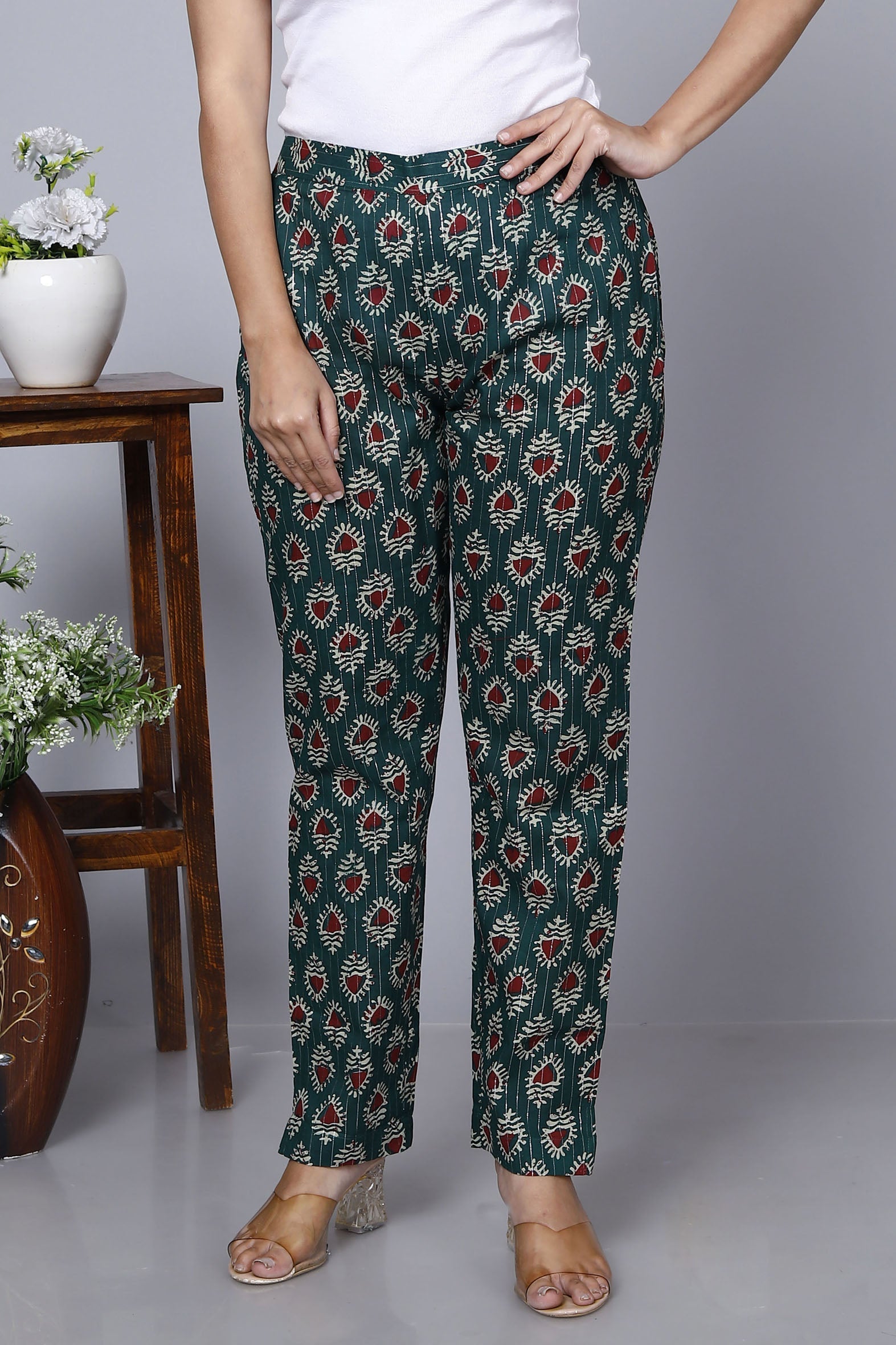 Sea Green Cotton Printed Ankle Length Pant Bada Boota