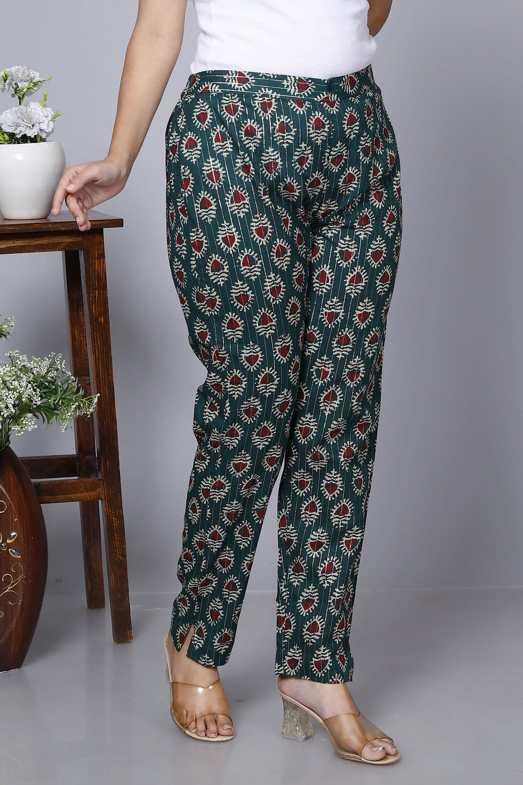 Sea Green Cotton Printed Ankle Length Pant Bada Boota