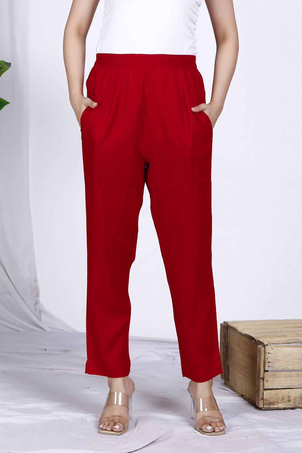 Red Plain Rayon Pant Bada Boota
