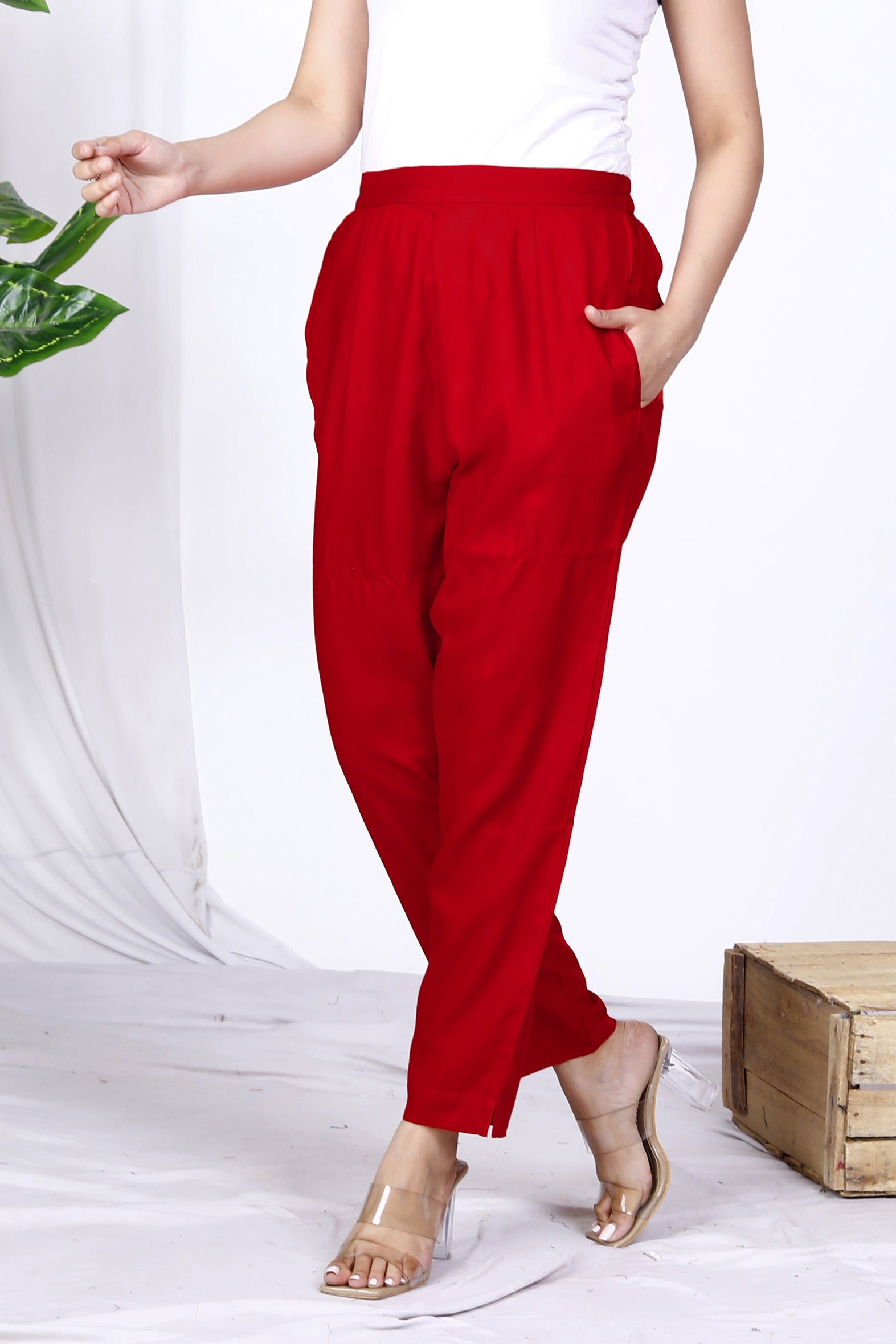 Red Plain Rayon Pant Bada Boota