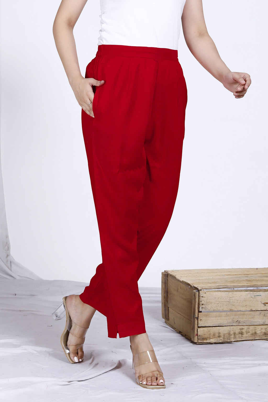Red Plain Rayon Pant Bada Boota