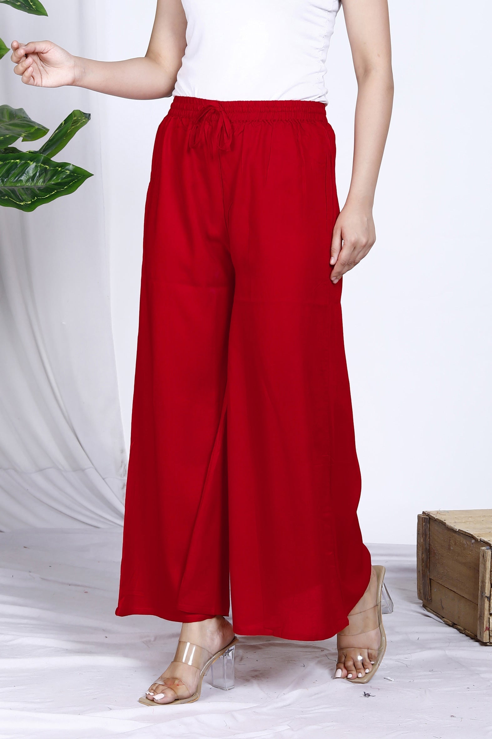 Red Plain Rayon Palazzo Bada Boota