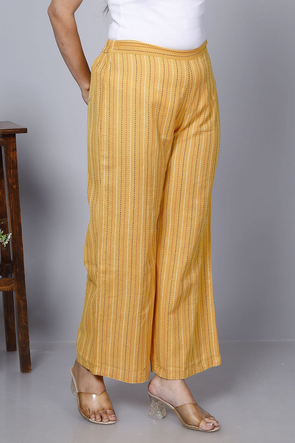 Yellow Stripped Printed Cotton Palazzo Bada Boota