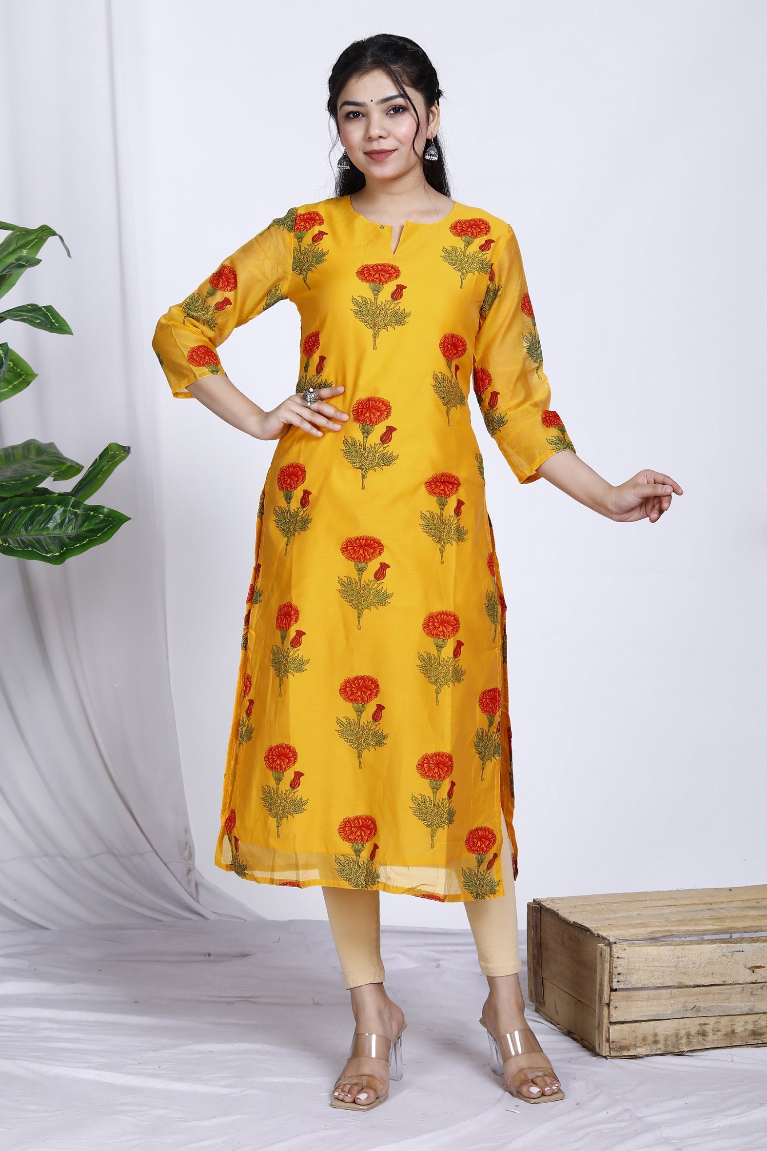 Mustard Butta Printed Chanderi Kurta For Women Bada Boota