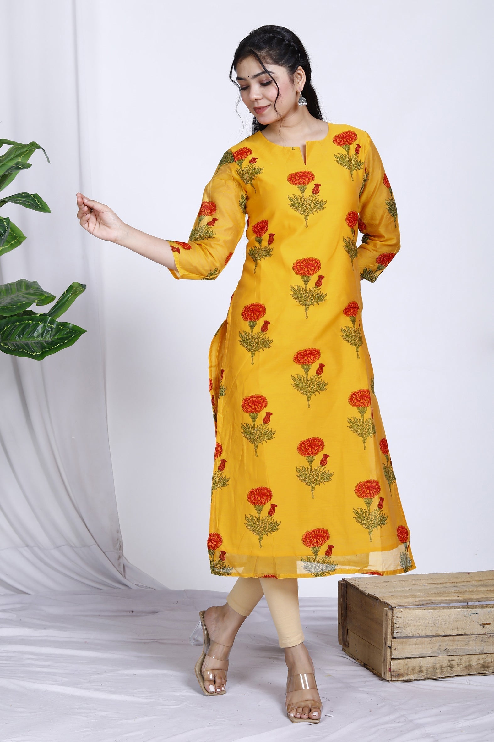 Mustard Butta Printed Chanderi Kurta For Women Bada Boota