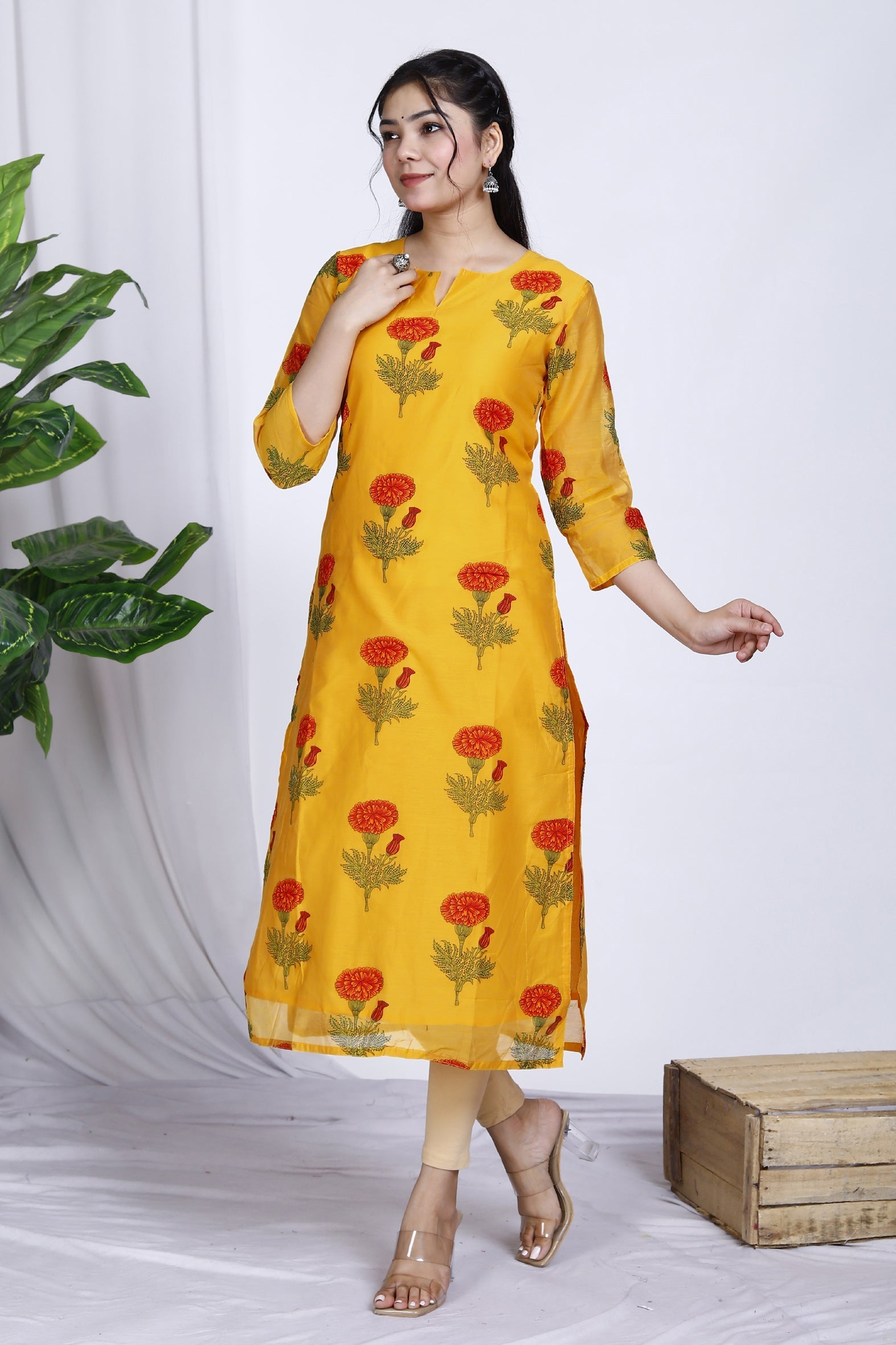 Mustard Butta Printed Chanderi Kurta For Women Bada Boota