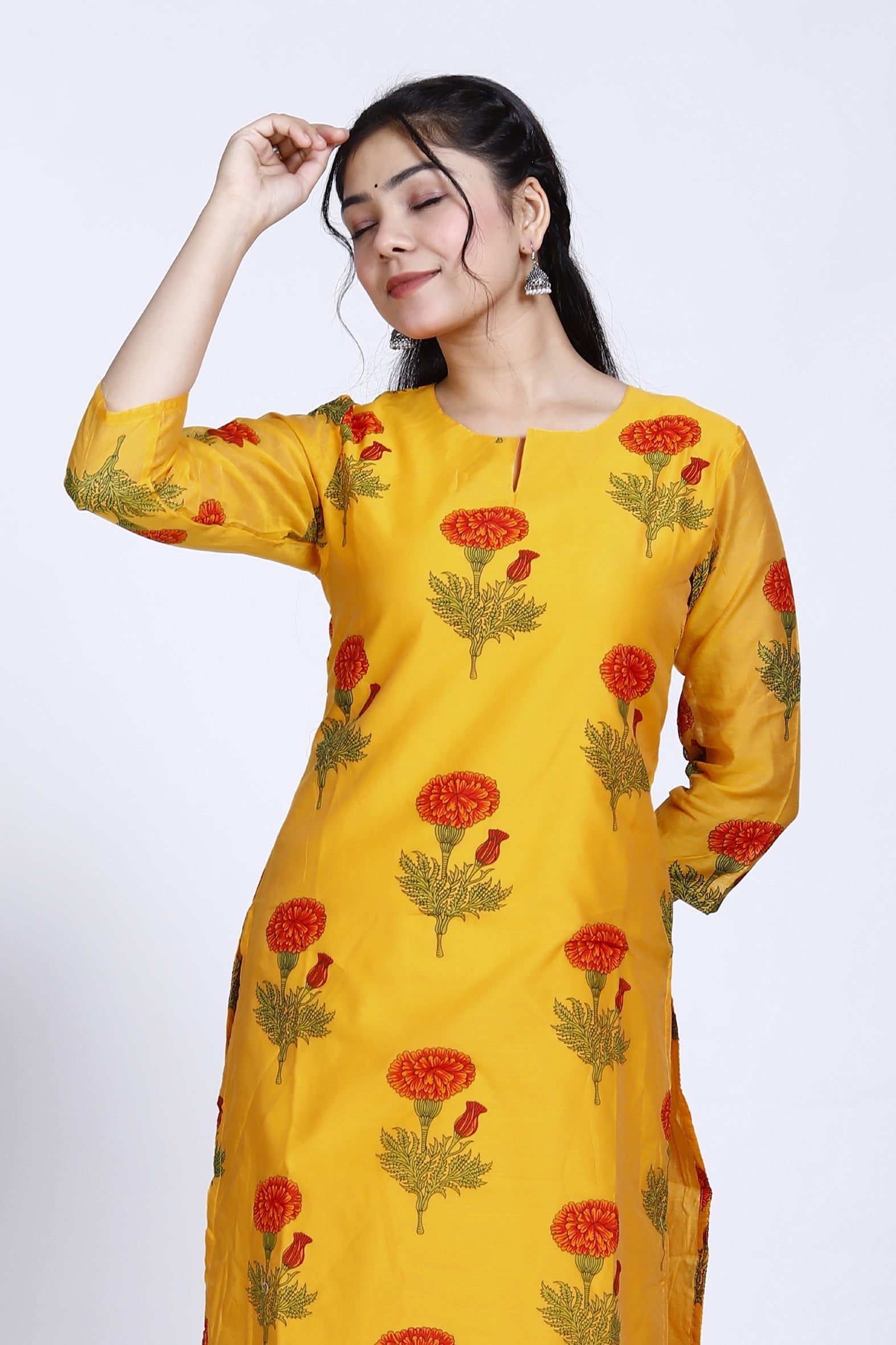 Mustard Butta Printed Chanderi Kurta For Women Bada Boota