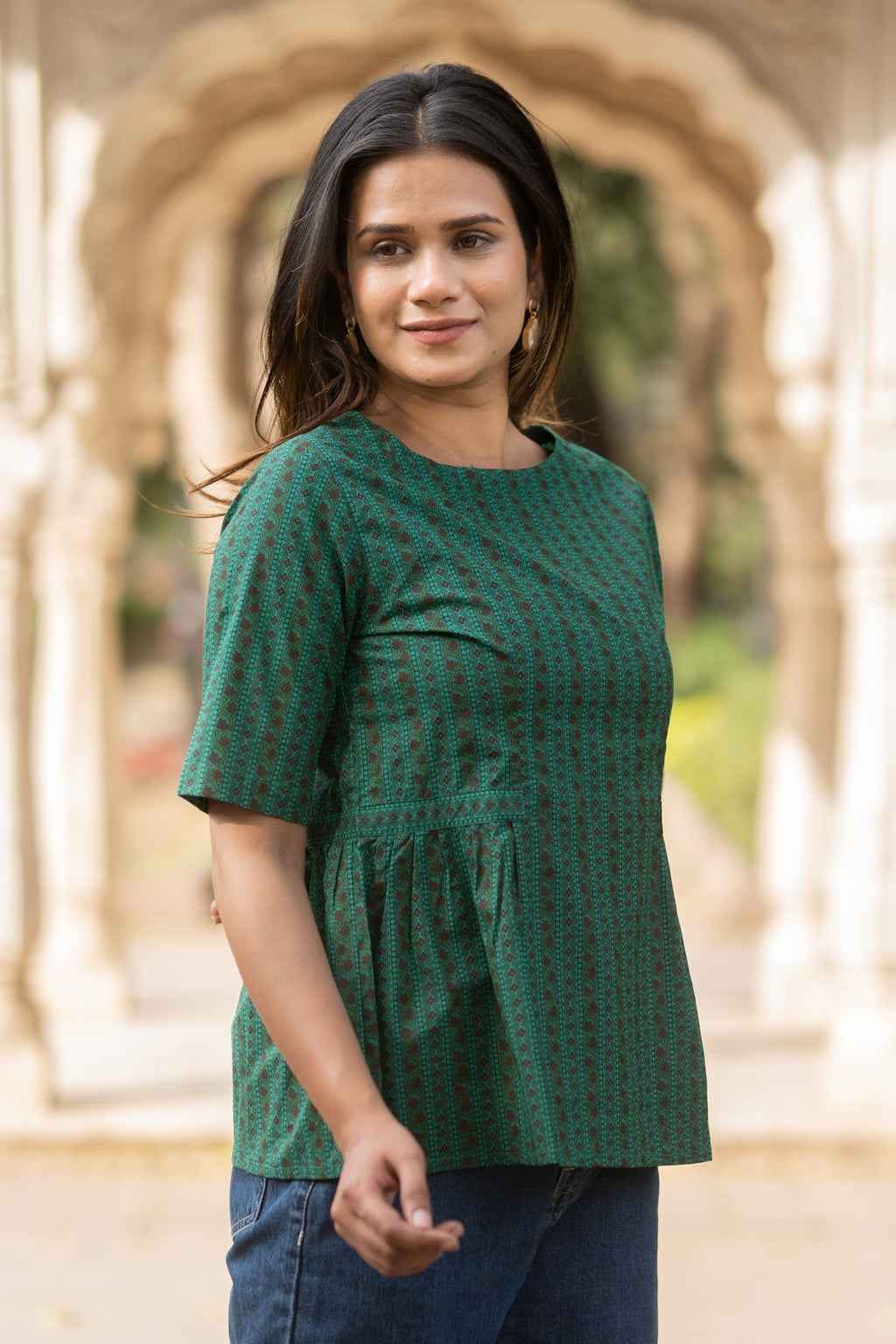 Green Printed Cotton Top Bada Boota