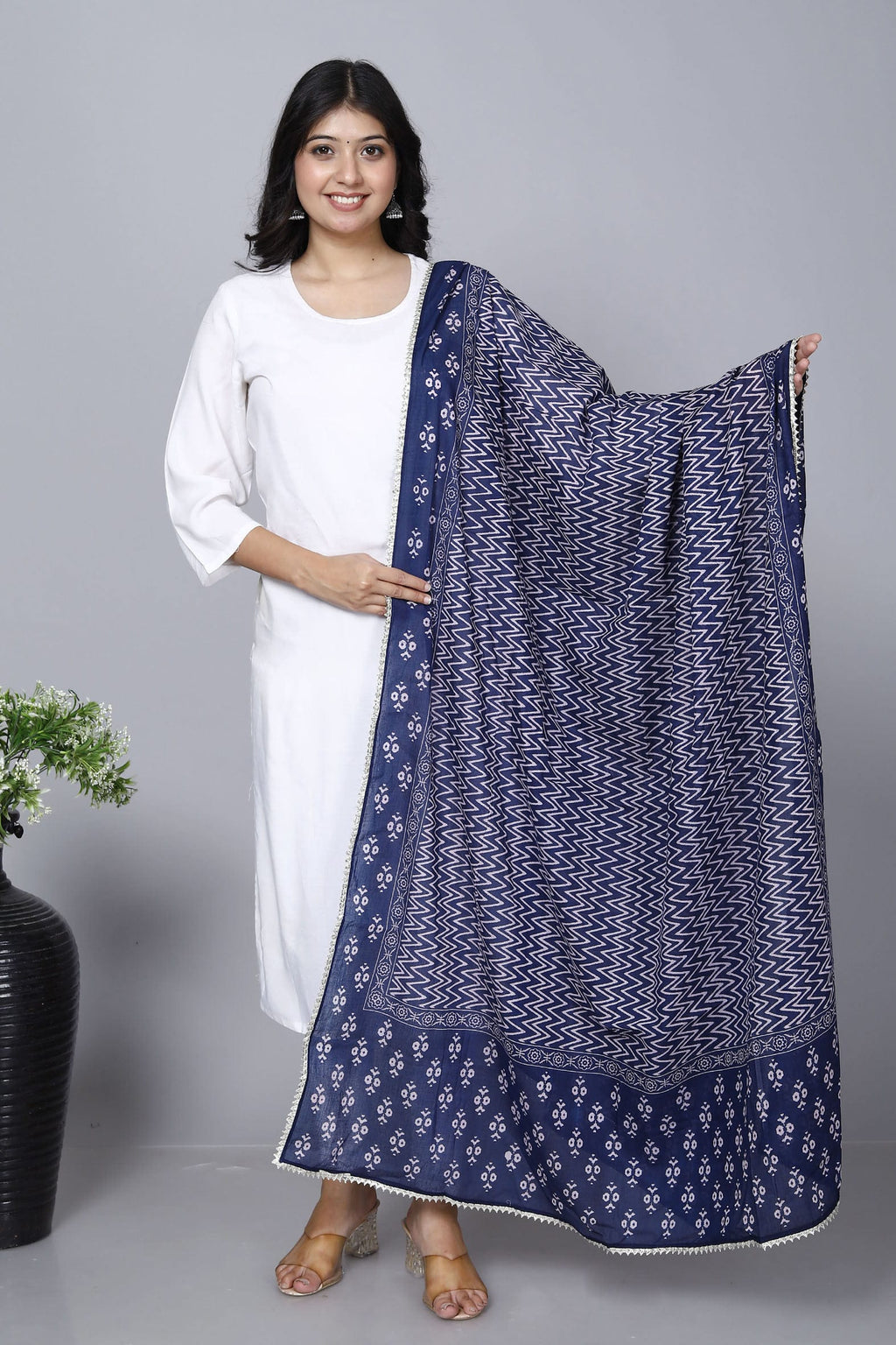 Navy Hand Block Printed Cotton Dupatta Bada Boota
