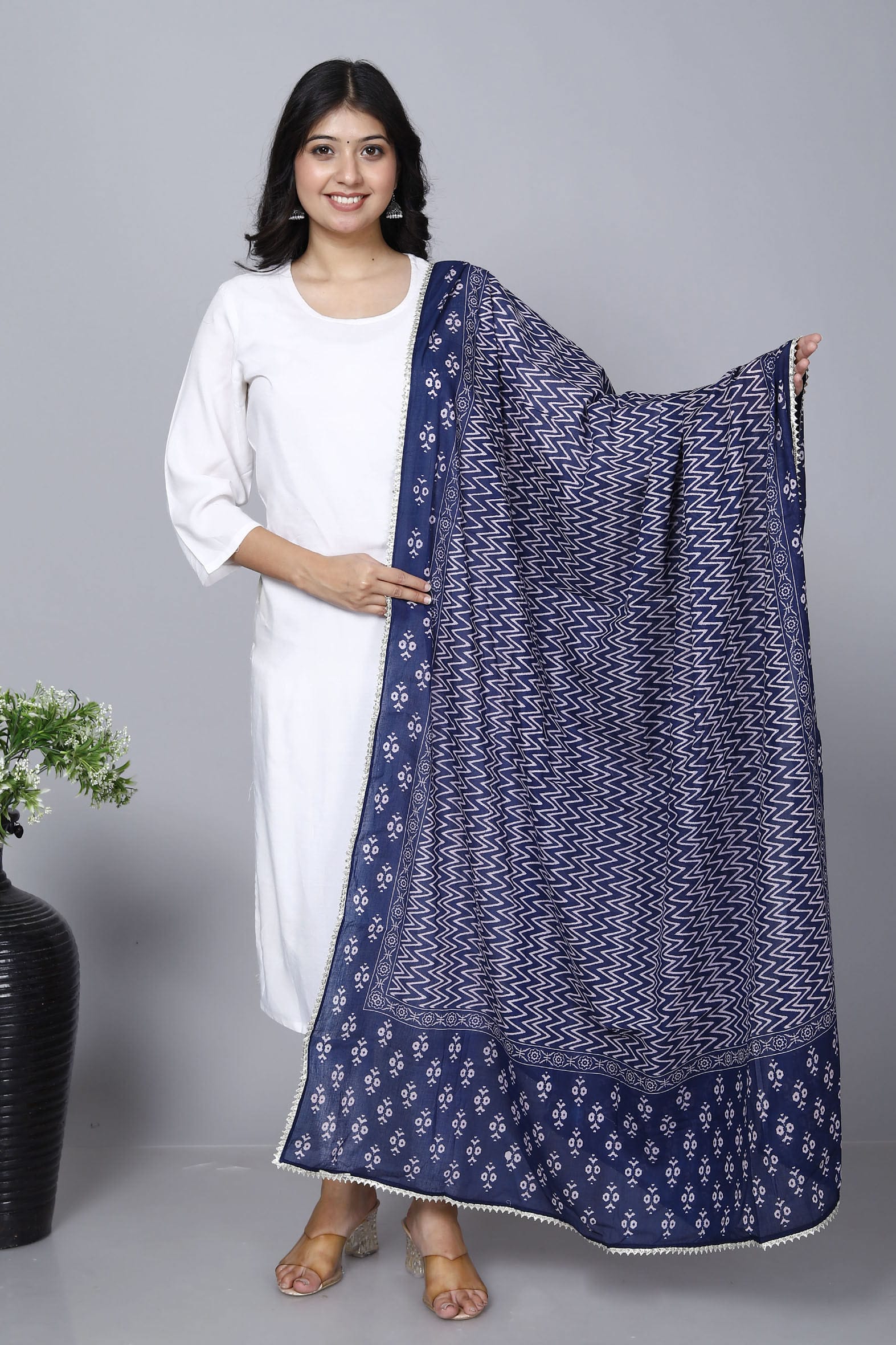 Navy Hand Block Printed Cotton Dupatta Bada Boota