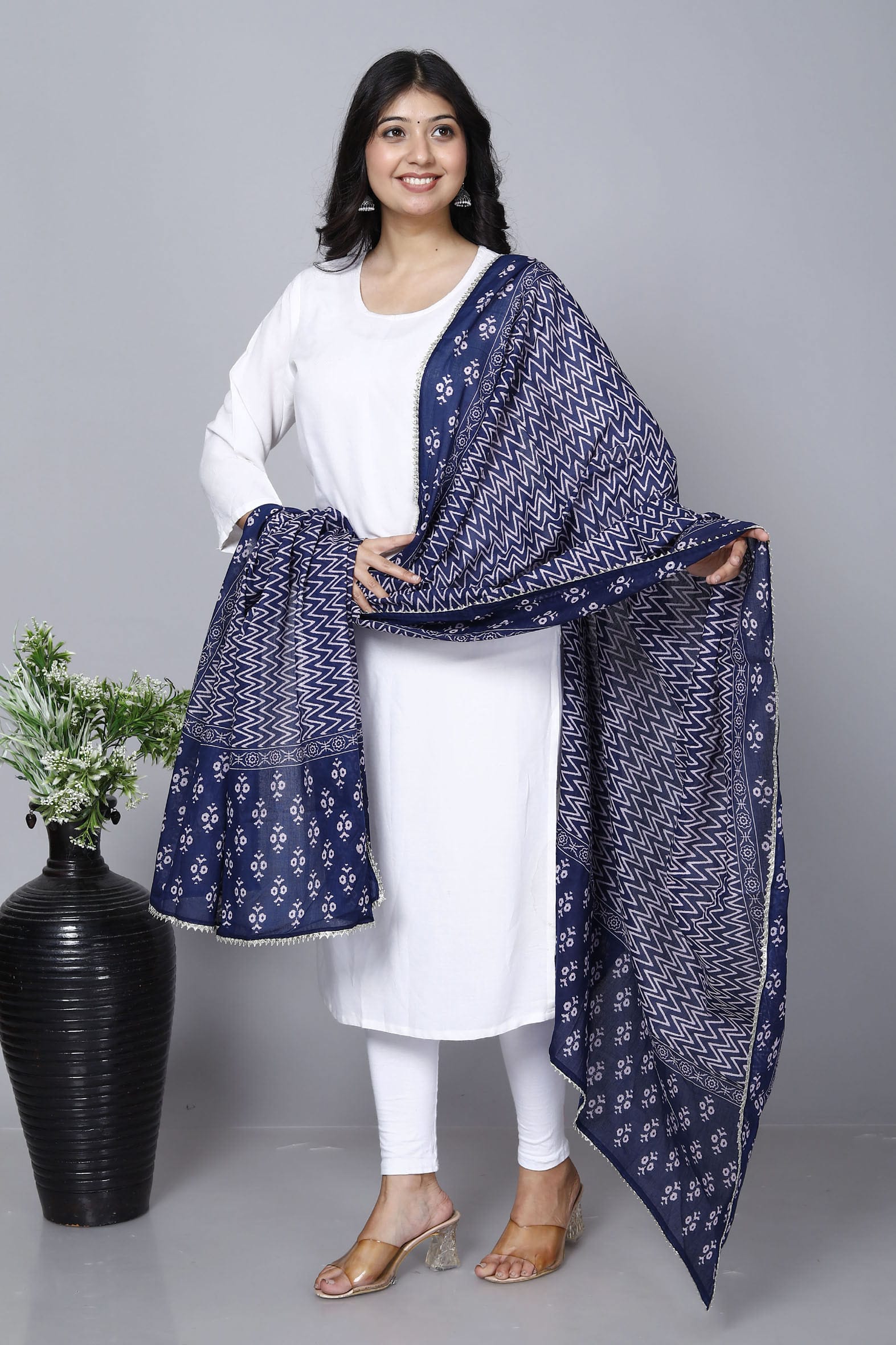 Navy Hand Block Printed Cotton Dupatta Bada Boota