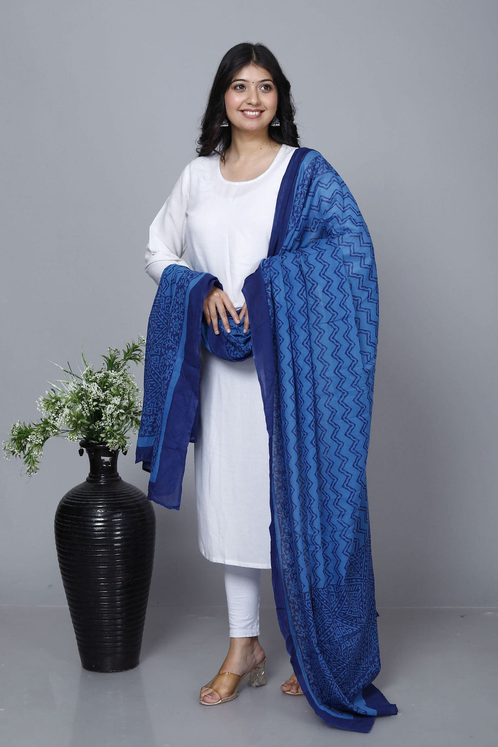 Blue Hand Block Printed Cotton Dupatta Bada Boota