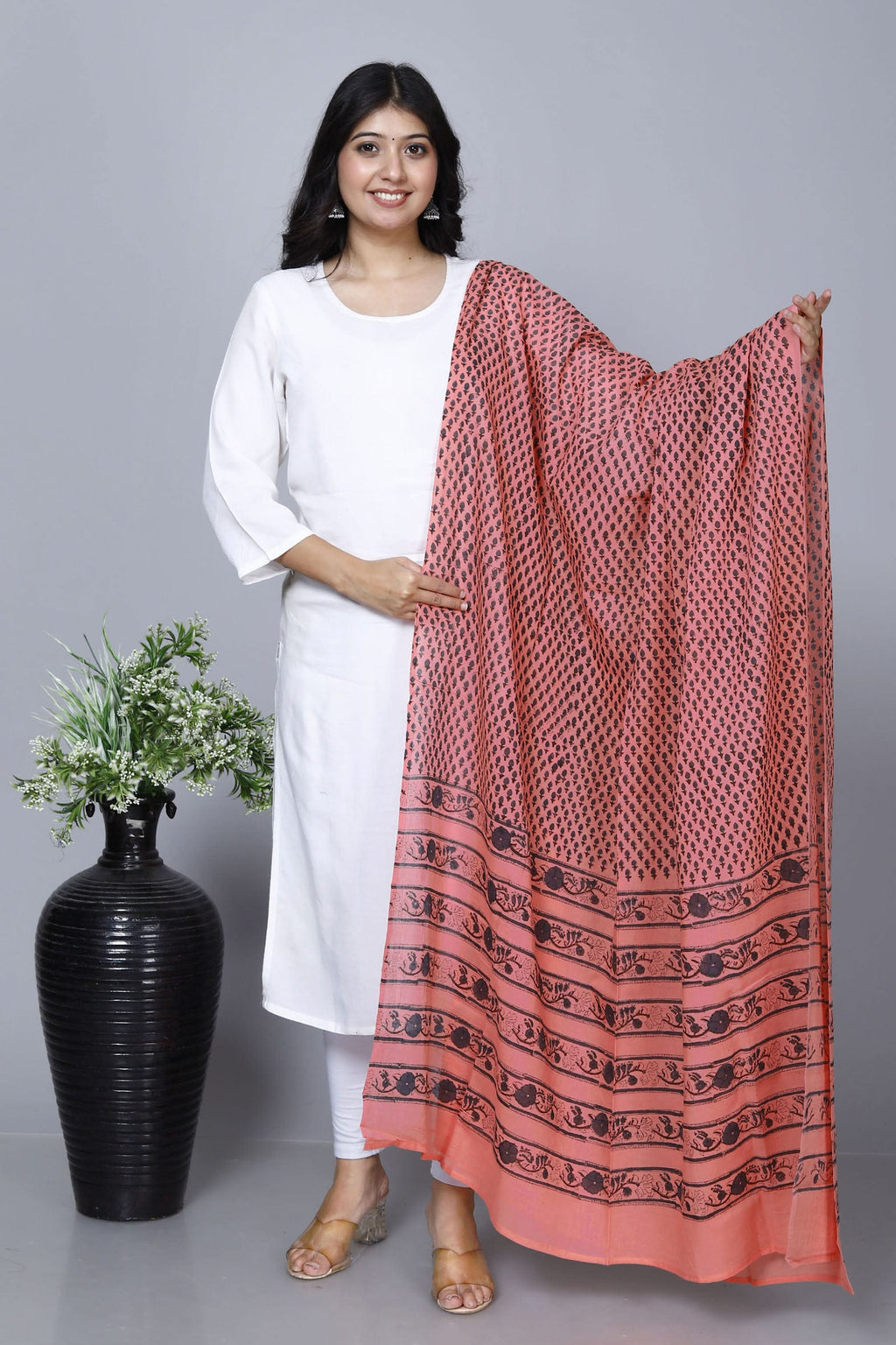 Peach Hand Block Printed Cotton Dupatta Bada Boota