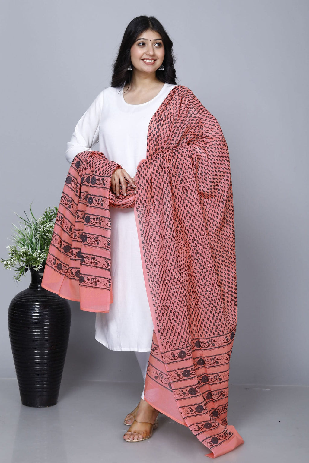 Peach Hand Block Printed Cotton Dupatta Bada Boota